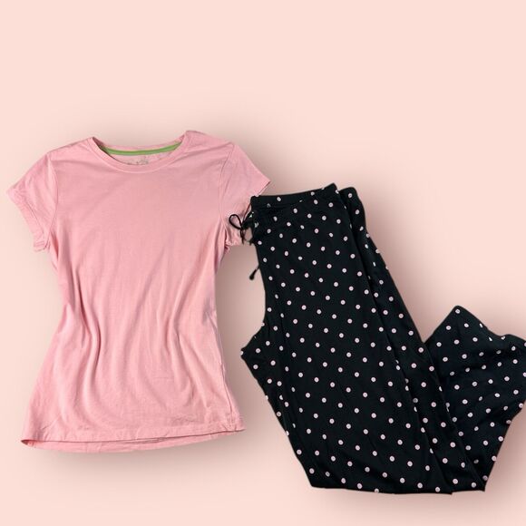 Y2K Victorias Secret Pajama Set Pants Polka Dot Black Pink Medium & SO Baby Tee - Picture 1 of 5
